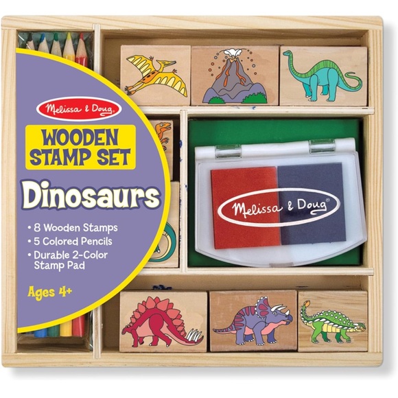 Melissa & Doug Wooden Stamp Set: Dinosaurs - 8 Stamps, 5 Colour Pencils, Ink Pad - Picture 9 of 10